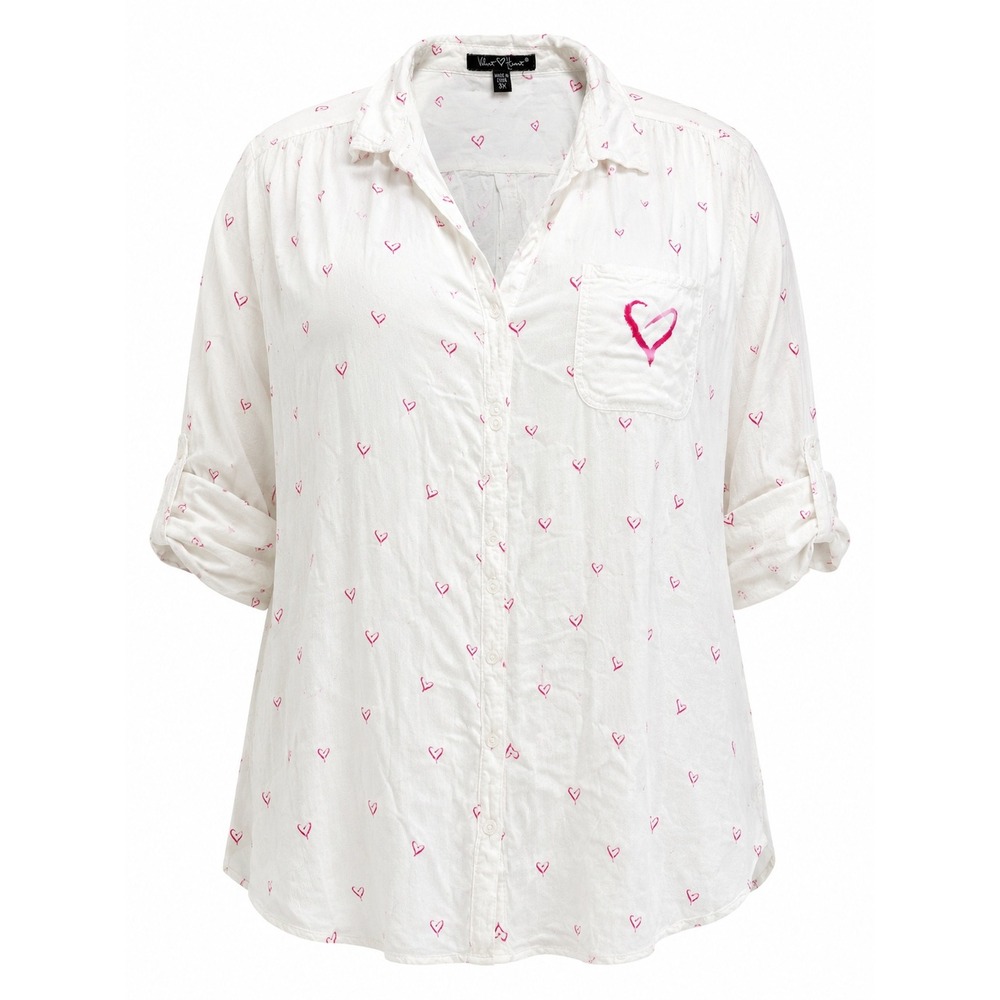 Velvet Heart Womens 3X White Pink Heart Print Roll Tab Sleeve Button Up Shirt